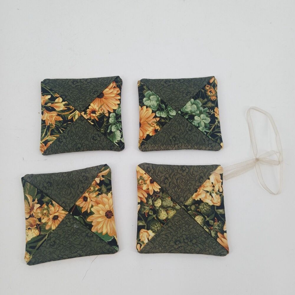 Vintage Fabric Coasters Set of 4 Floral Green Reversible Cloth Drink Coasters